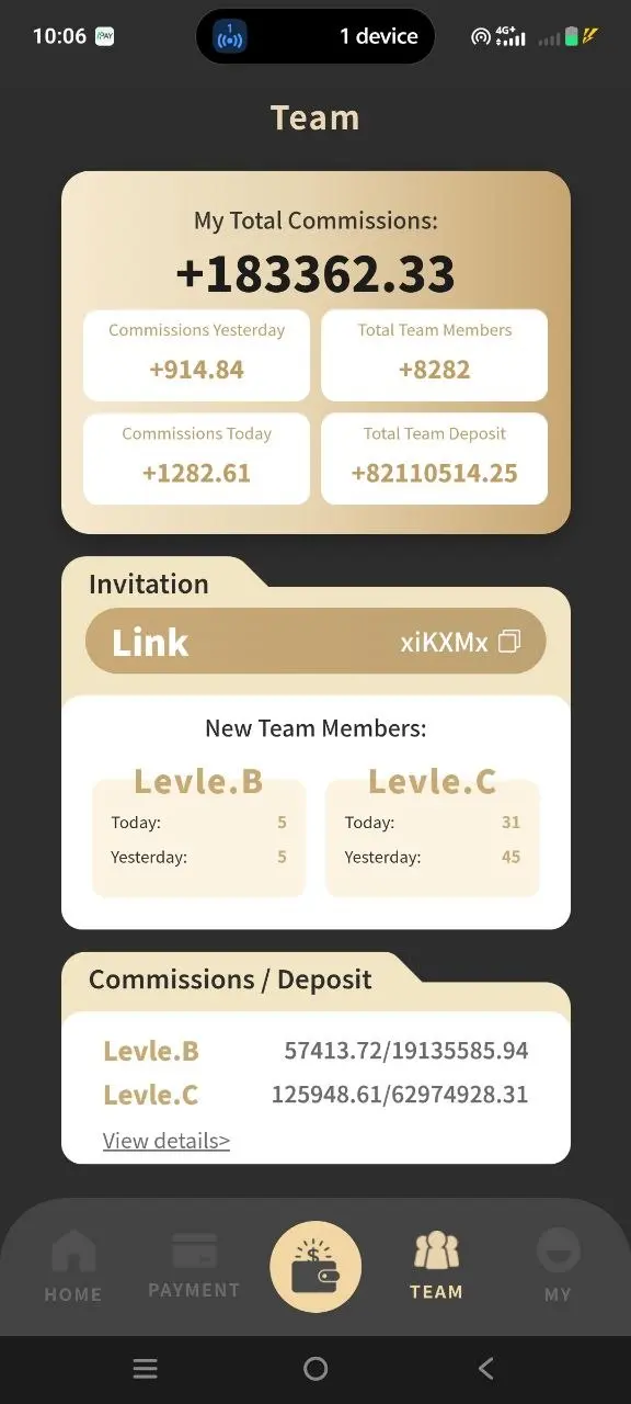 Link Pay Team screen